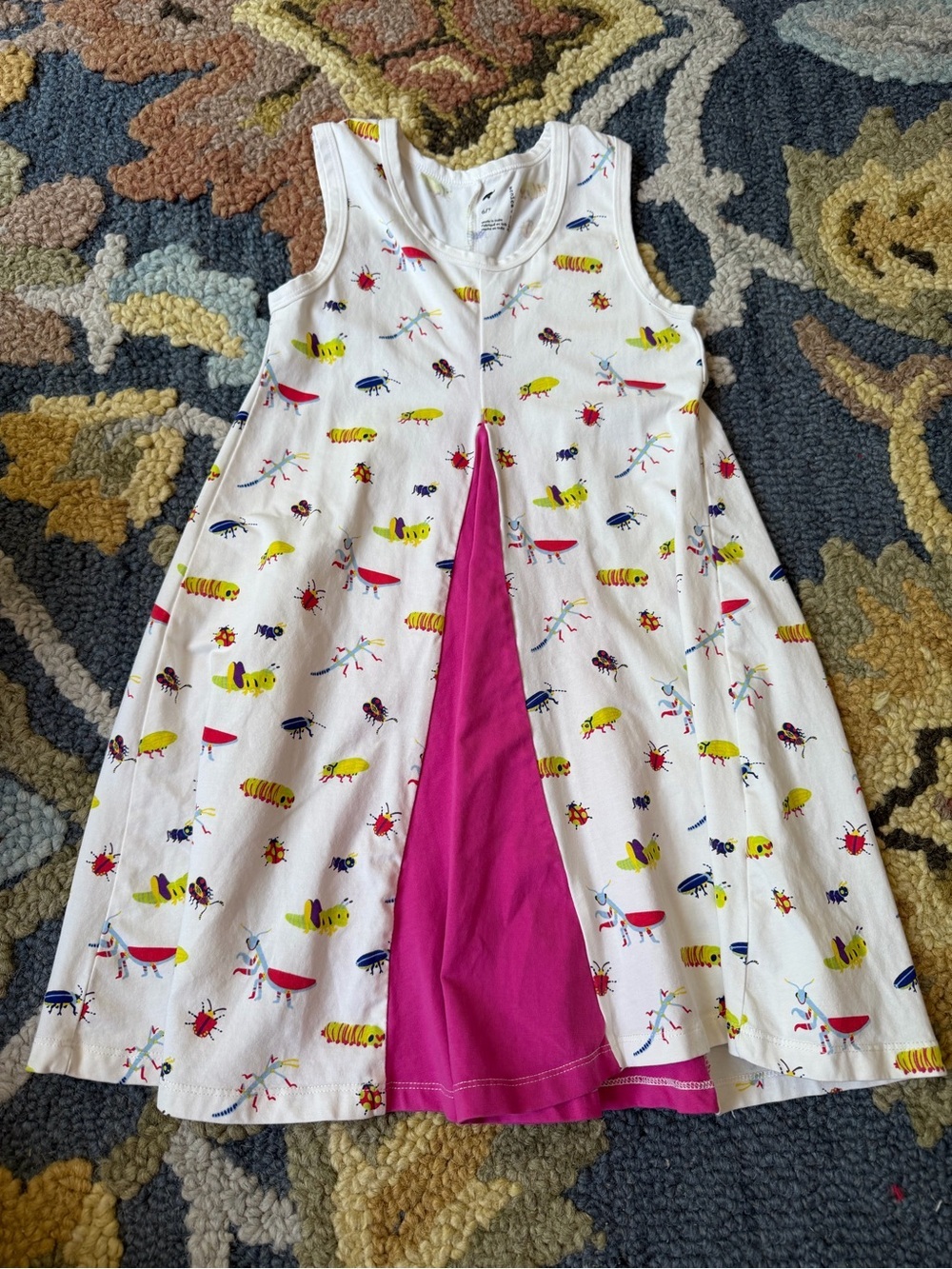 Girls White Sleeveless Dress with Pink Panel and Bug Print